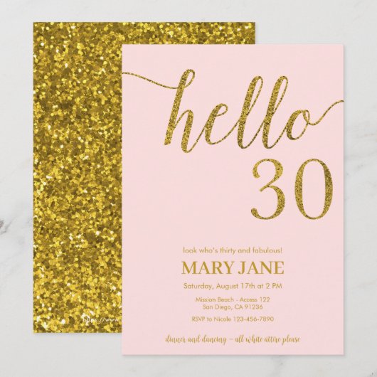 Blush roze en Gold Glitter 30th Birthday Kaart (Voorkant / Achterkant)