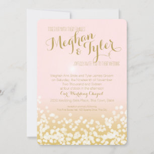 Blush roze en Gold Sparkle Lights Weddenschap Kaart