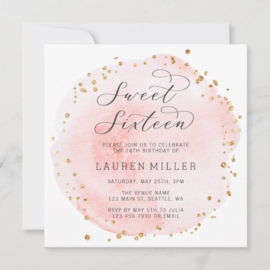 Blush roze en Gold Waterverf Sweet Sixteen Kaart (Voorkant)