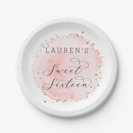 Blush roze en Gold Waterverf Sweet Sixteen Papieren Bordje (Voorkant)