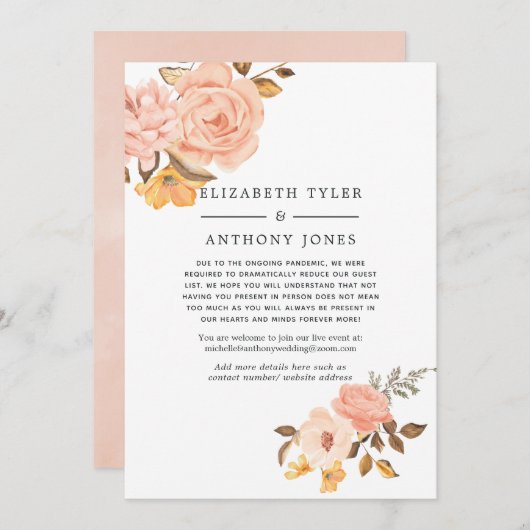 Blush roze en Gold Wedding Reduced Guest List Aankondiging (Voorkant / Achterkant)