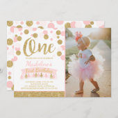 Blush roze en goud 1e verjaardag uitnodiging (Voorkant / Achterkant)