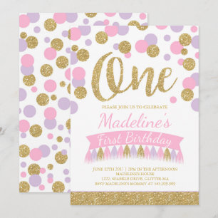 Blush roze en goud 1e verjaardag uitnodiging