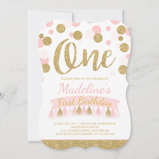 Blush roze en goud 1e verjaardag uitnodiging (Voorkant)
