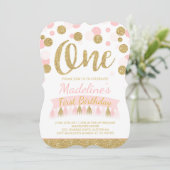 Blush roze en goud 1e verjaardag uitnodiging (Staand voorkant)