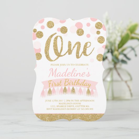 Blush roze en goud 1e verjaardag uitnodiging (Staand voorkant)