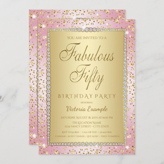 Blush roze en goud 50ste verjaardag uitnodiging (Voorkant / Achterkant)