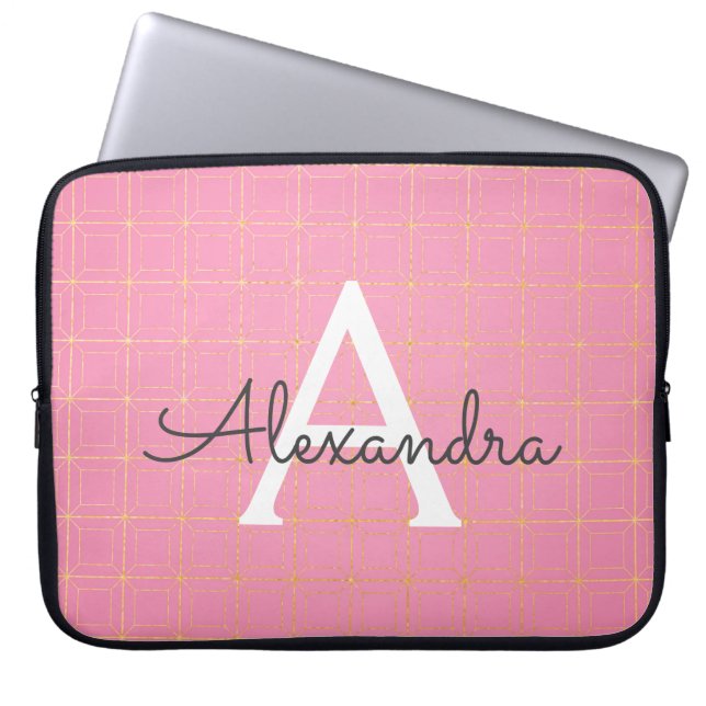 Blush roze en goud Art Deco Patroon Monogram Laptop Sleeve (Voorkant)