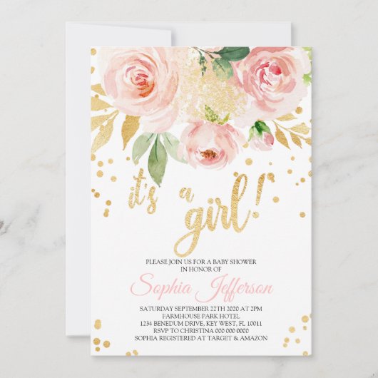 Blush Roze en Goud Baby shower Invitation Kaart (Voorkant)