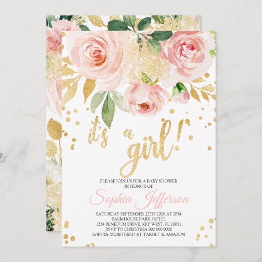 Blush Roze en Goud Baby shower Invitation Kaart (Voorkant / Achterkant)