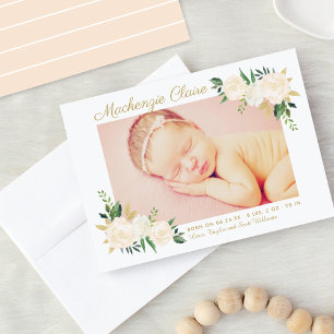 Blush Roze en Goud Bloemen Baby Meisje Foto Geboor Aankondiging