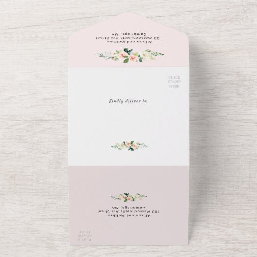 Blush roze en goud bloemen geometrische bruiloft all in one uitnodiging (Buitenkant)