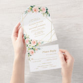 Blush roze en goud bloemen geometrische bruiloft all in one uitnodiging (Afscheurbaar)
