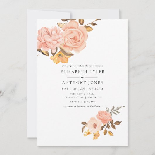 Blush Roze en Goud Bloemen Koppels Douche Kaart (Voorkant)