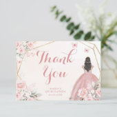 Blush Roze en Goud Bloemen Quinceanera Bedankkaart (Staand voorkant)