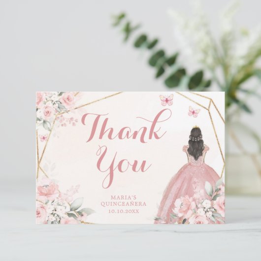 Blush Roze en Goud Bloemen Quinceanera Bedankkaart (Staand voorkant)