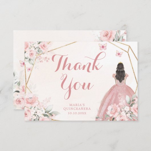 Blush Roze en Goud Bloemen Quinceanera Bedankkaart (Voorkant / Achterkant)