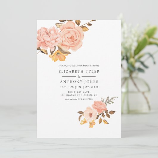 Blush Roze en Goud Bloemen Repetitie Diner Kaart (Staand voorkant)