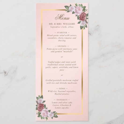 Blush Roze en Goud Bloemen Trouwmenu Menu (Voorkant)