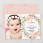 Blush roze en goud bloemenmeisje doop foto kaart (Voorkant / Achterkant)