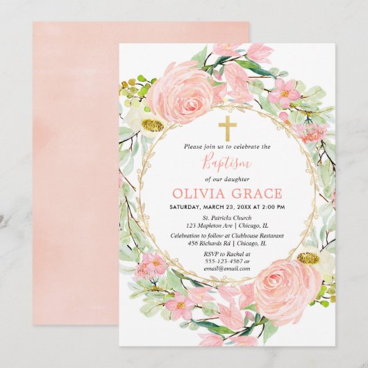 Blush roze en goud bloemenmeisje doop kaart (Voorkant / Achterkant)