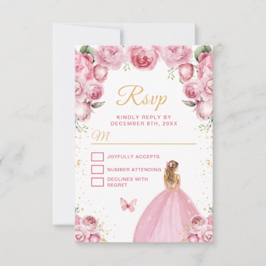 Blush roze en goud blond haar prinses RSVP kaartje (Voorkant)