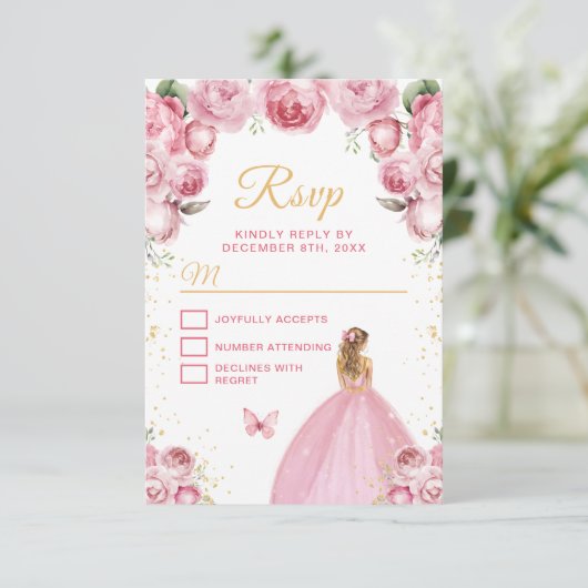Blush roze en goud blond haar prinses RSVP kaartje (Staand voorkant)