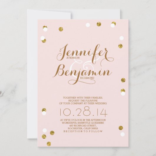 Blush roze en goud confetti moderne bruiloft uitno kaart (Voorkant)