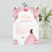 Blush roze en goud donkere huid prinses RSVP kaartje (Staand voorkant)