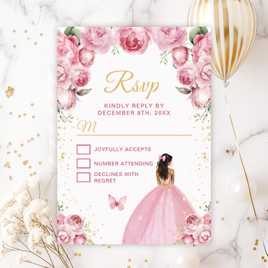 Blush roze en goud donkere huid prinses RSVP kaartje