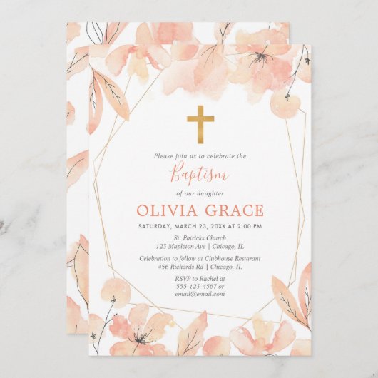 Blush roze en goud elegante bloemendoop kaart (Voorkant / Achterkant)