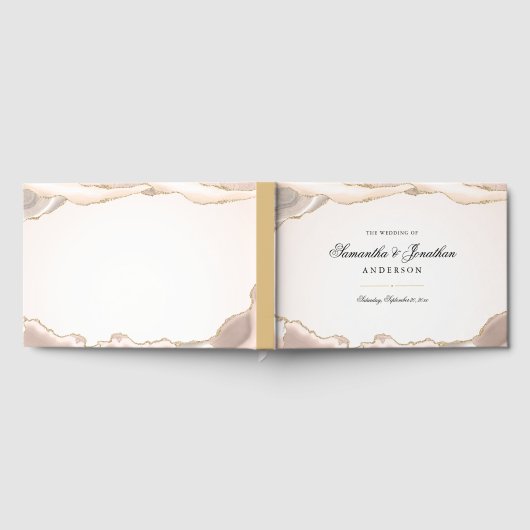 Blush Roze en Goud Glitter Agate Script Bruiloft Gastenboek (Volledig)