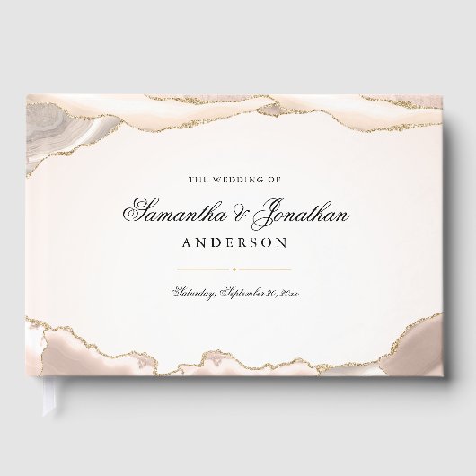 Blush Roze en Goud Glitter Agate Script Bruiloft Gastenboek (Voorkant)