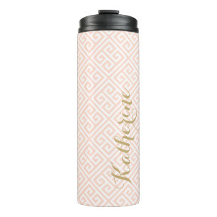 Blush Roze en Goud Griekse Sleutel Monogram Thermosbeker