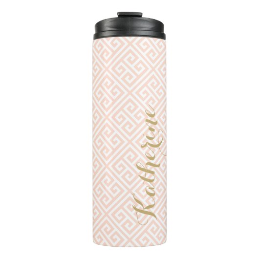 Blush Roze en Goud Griekse Sleutel Monogram Thermosbeker (Voorkant)