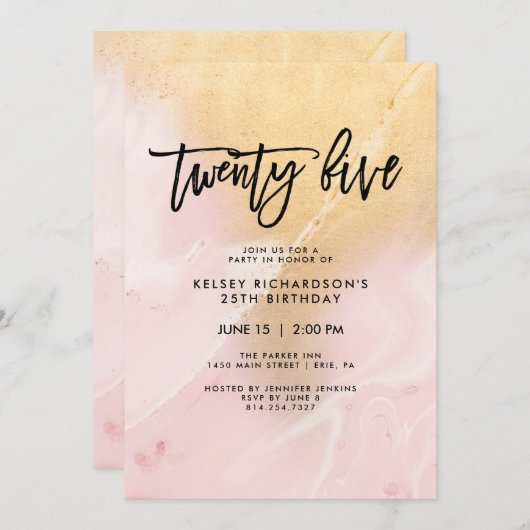 Blush roze en goud marmer | 25ste verjaardag kaart (Voorkant / Achterkant)
