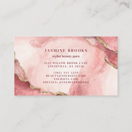 Blush Roze en Goud Marmer Chic Waterverf Visitekaartje (Achterkant)