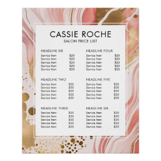 Blush roze en goud marmeren salon prijslijst perfect poster