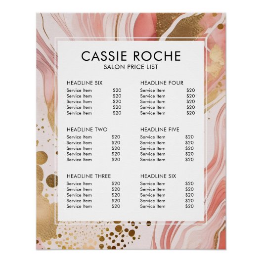 Blush roze en goud marmeren salon prijslijst perfect poster (Voorkant)