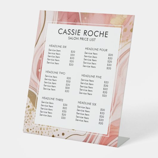 Blush roze en goud marmeren salon prijslijst reclamebord met voetstuk (Voorkant)