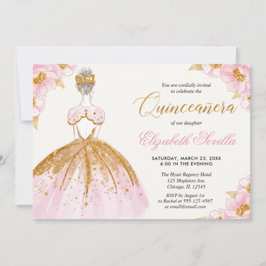 Blush roze en goud prinses quinceanera kaart (Voorkant)
