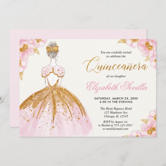 Blush roze en goud prinses quinceanera kaart (Voorkant / Achterkant)