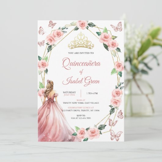 Blush roze en goud Quinceañera Kaart (Staand voorkant)