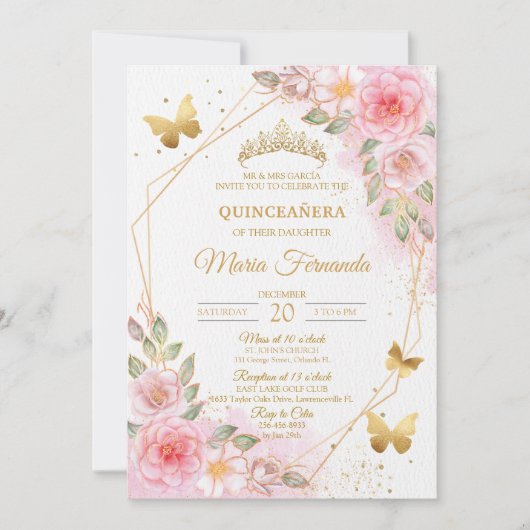 Blush roze en goud Quinceañera verjaardag Kaart (Voorkant)