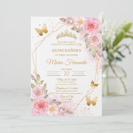 Blush roze en goud Quinceañera verjaardag Kaart (Staand voorkant)