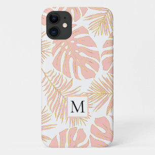 Blush roze en goud tropische bladeren en monogram Case-Mate iPhone case