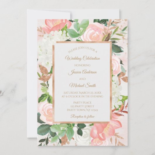 Blush Roze en Goud Waterverf Bloemen Bruiloft Kaar Kaart (Voorkant)