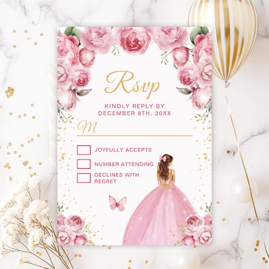 Blush roze en goudbruin haar prinses RSVP kaartje