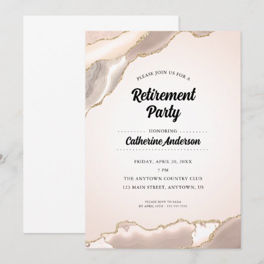 Blush Roze en Gouden Agaat Elegant Pensioen Partij Kaart (Voorkant / Achterkant)