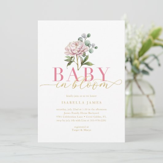 Blush roze en gouden Baby in Bloom Floral Baby Sho Kaart (Staand voorkant)